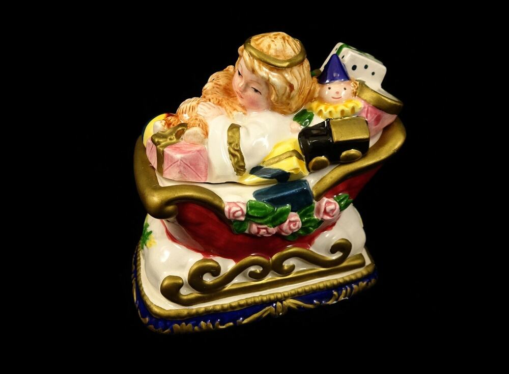 Vtg 1997 Omnibus Fitz Floyd Sugar Bowl ? Canister Angel Santa Sleigh Teddy Bear